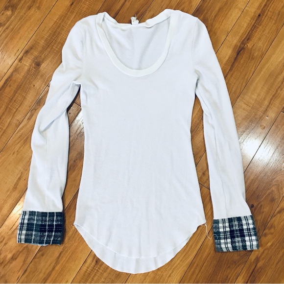 Free People we the free thermal waffle knit shirt top white flannel larg… - Picture 1 of 7